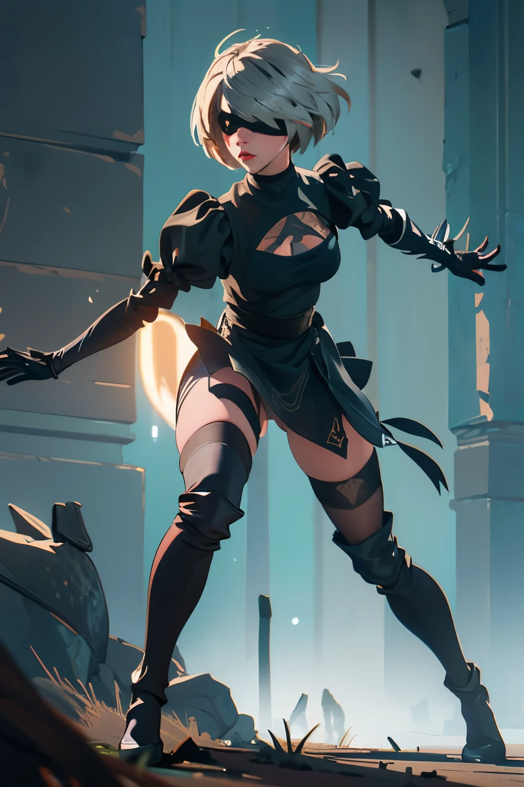 close up, high detail, masterpiece, 4k wallpaer, poster, cinematic framing and lighting, n_2b with blindfold, 2b from nier automate, sprinting fast holding a long sword at camera, dramatic action pose, ruined background with smoke and embers
