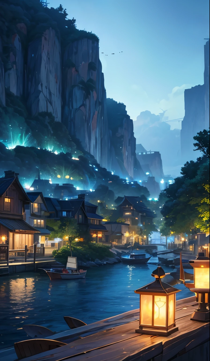 anime - style image of a beach with a boat and a village, anime scenery concept art, ross tran. scenic background, fishing village, high detailed official artwork, background art, renaissance port city background, detailed key anime art, official art, 8k high quality detailed art, sea of thieves style, anime background art, fishing town, concept art highly detailed ,(glowing fireflies and butterfiles )(greenery view)(bright blue shinning sky)(night view)(borkeh effect)(far view)