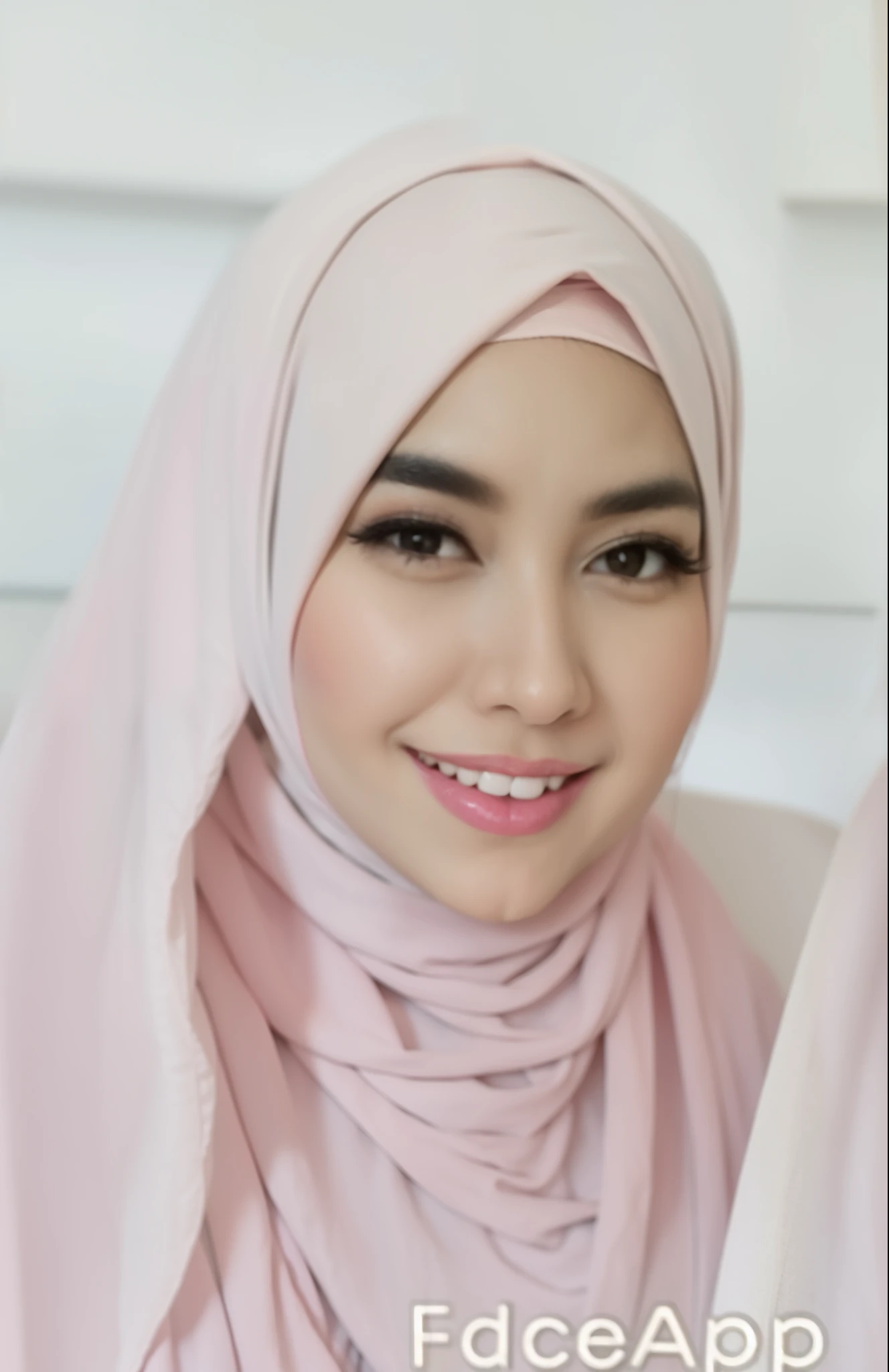 Female, wearing a pink hijab, little smile, beautiful face, pink lips, sharp eyes