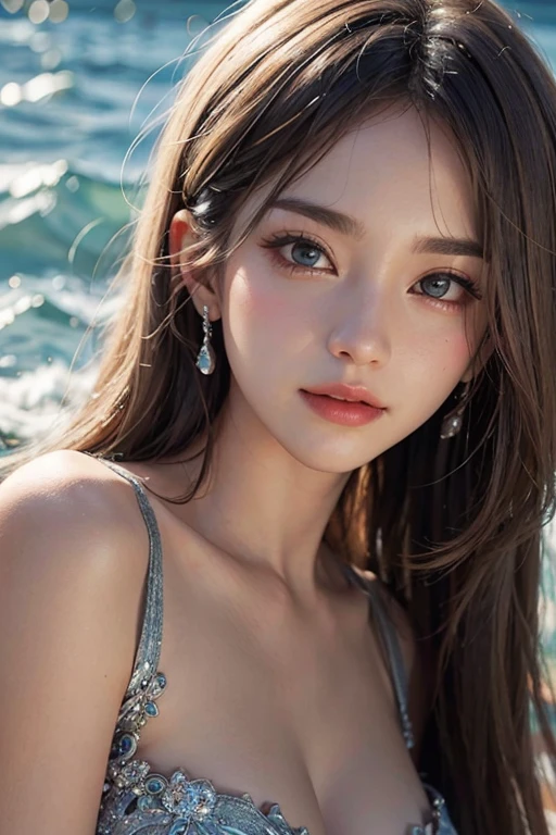 (Masterpiece, BestQuality:1.3), (ultra detailed:1.2), (hyperrealistic:1.3), (RAW photo:1.2),High detail RAW color photo, professional photograph, (Photorealistic:1.4), (realistic:1.4), ,professional lighting, (japanese), beautiful face, (realistic face), cute woman, (Brown Hair, Big Tits:1.5), (cheerful Smile:1.35), Trending Hair&Trending Hairカラーをランダムに, sexly, erotic sexly, Random sexy gravure poses, (Blue ruffled maxi dress、Beach Sunset、A beautiful woman smiling while holding back her windblown hair。Sparkling sapphire earrings。:1.3)