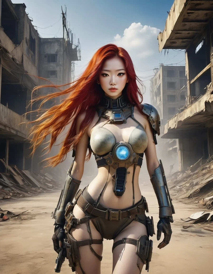 Post-apocalyptic wasteland,(A very beautiful and powerful heroine in the doomsday world),Mecha Clothing,Extra long red hair,Beautiful Asian face,, mechanical, Glass mask passes light through, Delicate skin texture, Determined gaze,It's the scorching sun and strong wind,Yellow sand rolling,The broken eaves and broken walls are everywhere, and the scene is desolate.。In a post-apocalyptic environment,Regardless of appearance or practicality,Everything is for survival,Exaggeration in appearance,Can make enemies feel fear。Many items are basically worn out.,Rust,The form of splicing,Add splash graffiti to create the environment of a wasteland world。Elements such as neon lights will often appear in Post-apocalyptic wasteland。The most important point is that the wasteland world is a world after the collapse of technological civilization.,Productivity setbacks,Material resources are extremely scarce,And scarcity is the essence of the world,The inequality of supply and demand gives things value。