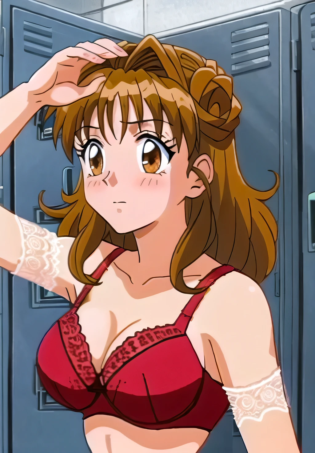 Maron,(((Lace Underwear))),(((Red lace bra))),pupil_Brown,blush, close_mouth,Embarrassing,Frightened,View your viewers,(((locker room))),masterpiece, expensive quality, very_expensive_solve, big_file size, Full Color,