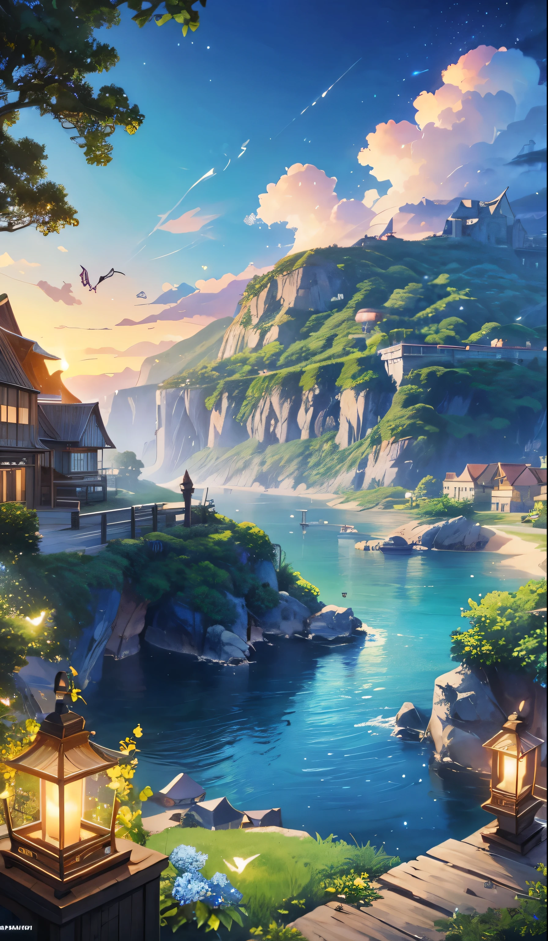 anime - style image of a beach with a boat and a village, anime scenery concept art, ross tran. scenic background, fishing village, high detailed official artwork, background art, renaissance port city background, detailed key anime art, official art, 8k high quality detailed art, sea of thieves style, anime background art, fishing town, concept art highly detailed ,(glowing fireflies and butterfiles )(greenery view)(bright blue shinning sky)(night view)(borkeh effect)(far view)