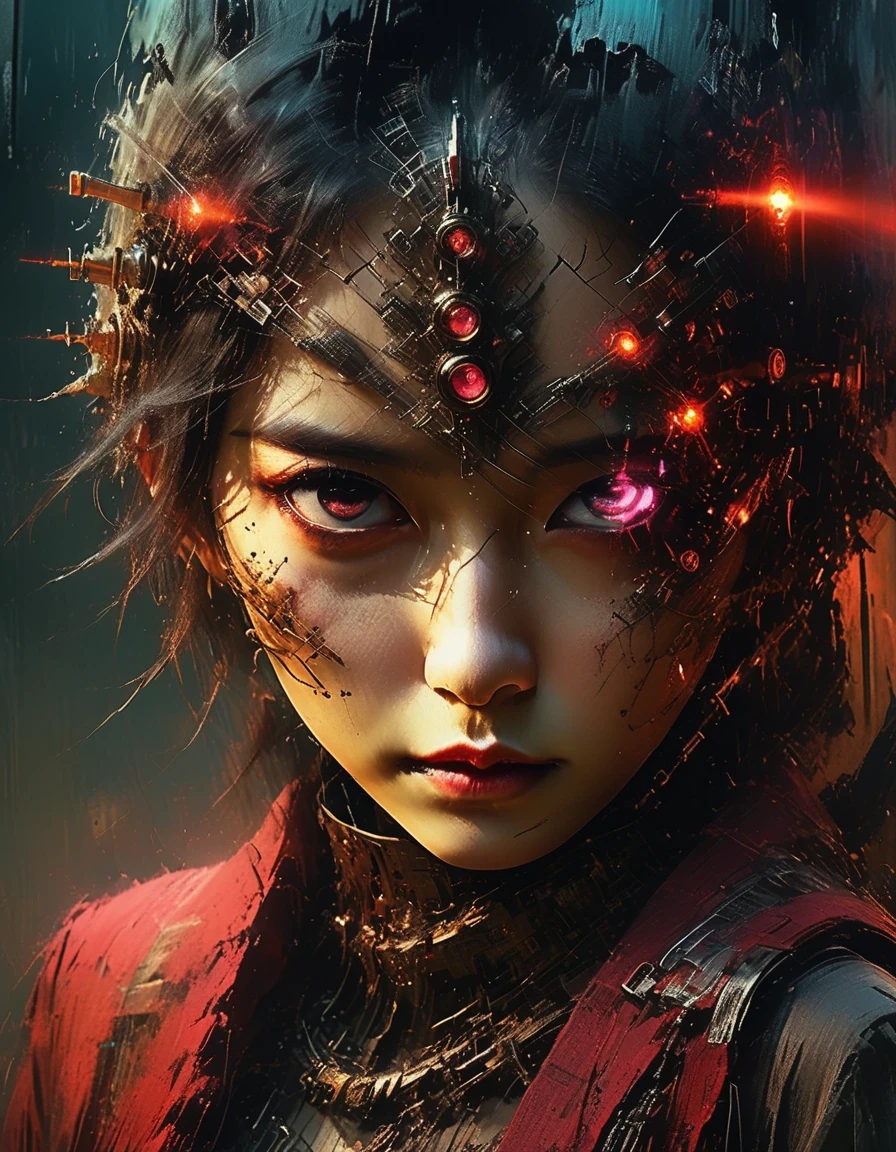 The Ruins Rose heroine who is very beautiful and powerful in the doomsday world），cool, Asian girl, mechanical, glass face masktraversing light, delicate skin texture, determinedgaze, sunset background, colorful light, multiplecolors, mid-shot, profile view, C4D, futuristic, sci-fistyle, 8K, cyberpunk, complex lines, ultimate detail