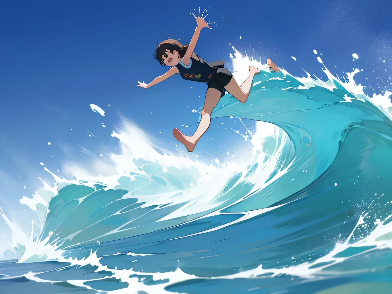 (best quality, masterpiece), two people running on the beach, running on the sand, (details well done), wind, particle, blue sky, a boy and a girl, white clouds in the sky, blue water, sunny day, high quality