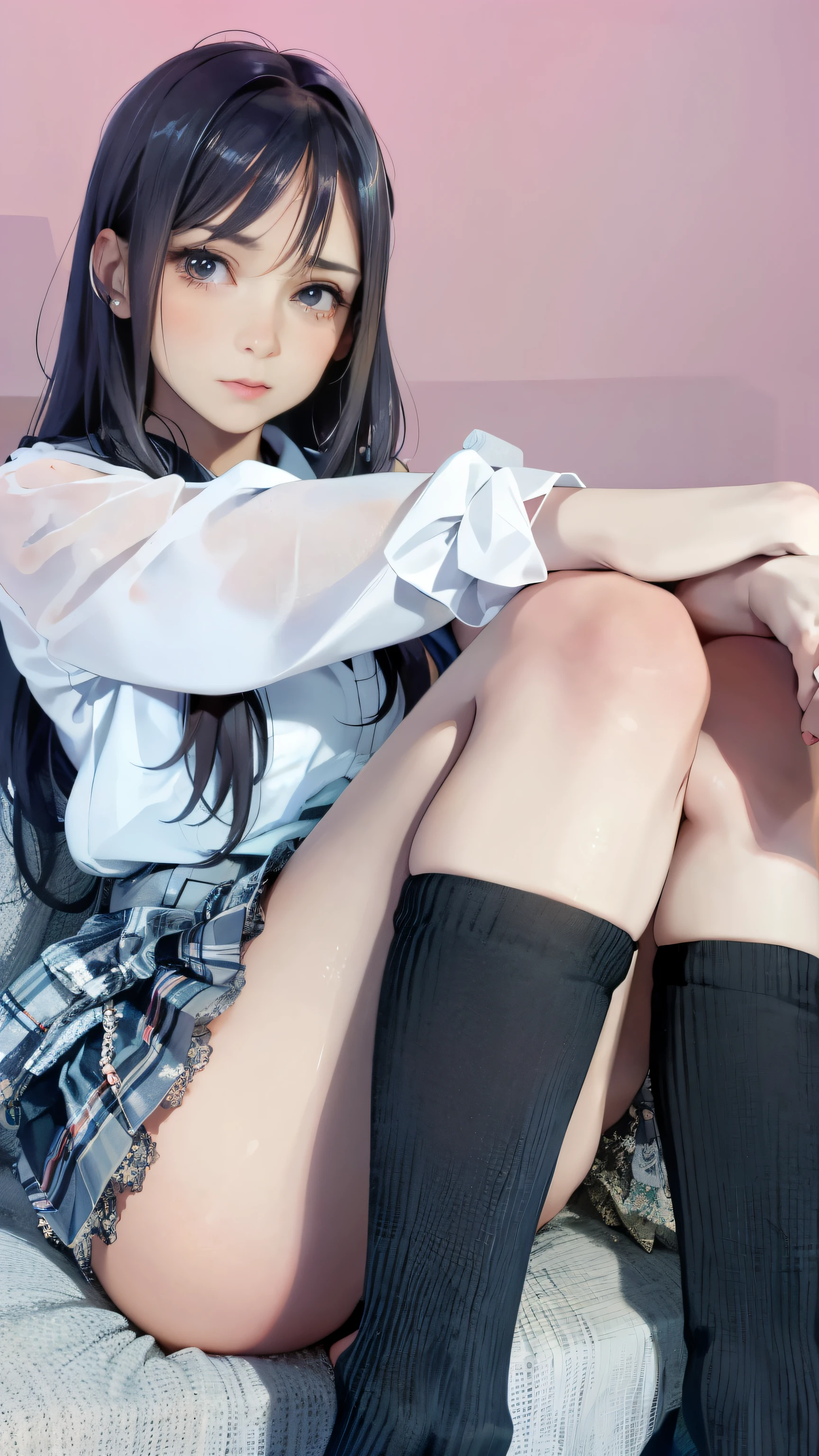 A woman in her 50s sitting cross-legged on the sofa, a hyperRealistic , Beautiful face with arms and legs, Wearing a skirt and knee-high socks, hyperRealistic , Cute school girl, Knee socks and skirt, Japanese girls uniform, Realistic , Korean Girls, japanese , Smooth white tight clothing suit, Acquiring Japanese