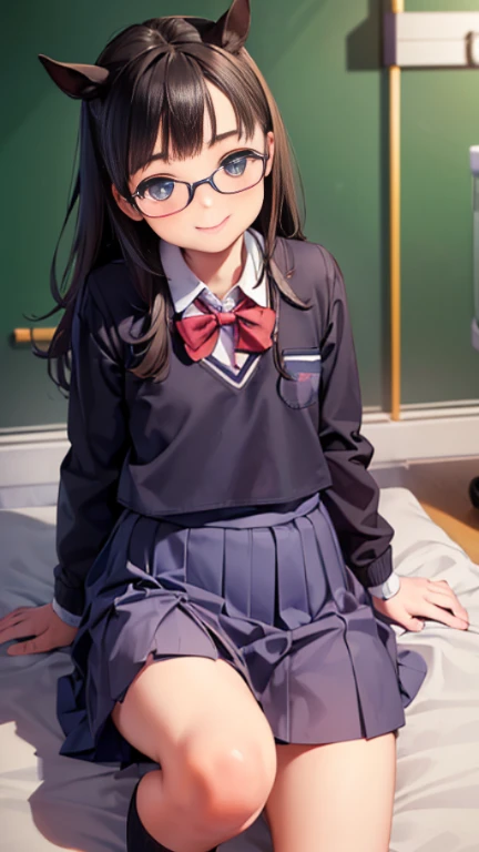((masterpiece)),((highest quality)),((Anatomical)),((Realistic)),((Detailed Description)),((cute)),((((Health Room)))),(((One Horse Girl))),(((Beautiful eyes))),(((Baby Face))),(((Petite))),((Bewitching Smile)),(((school uniform))),(((Glasses))),Full body view,