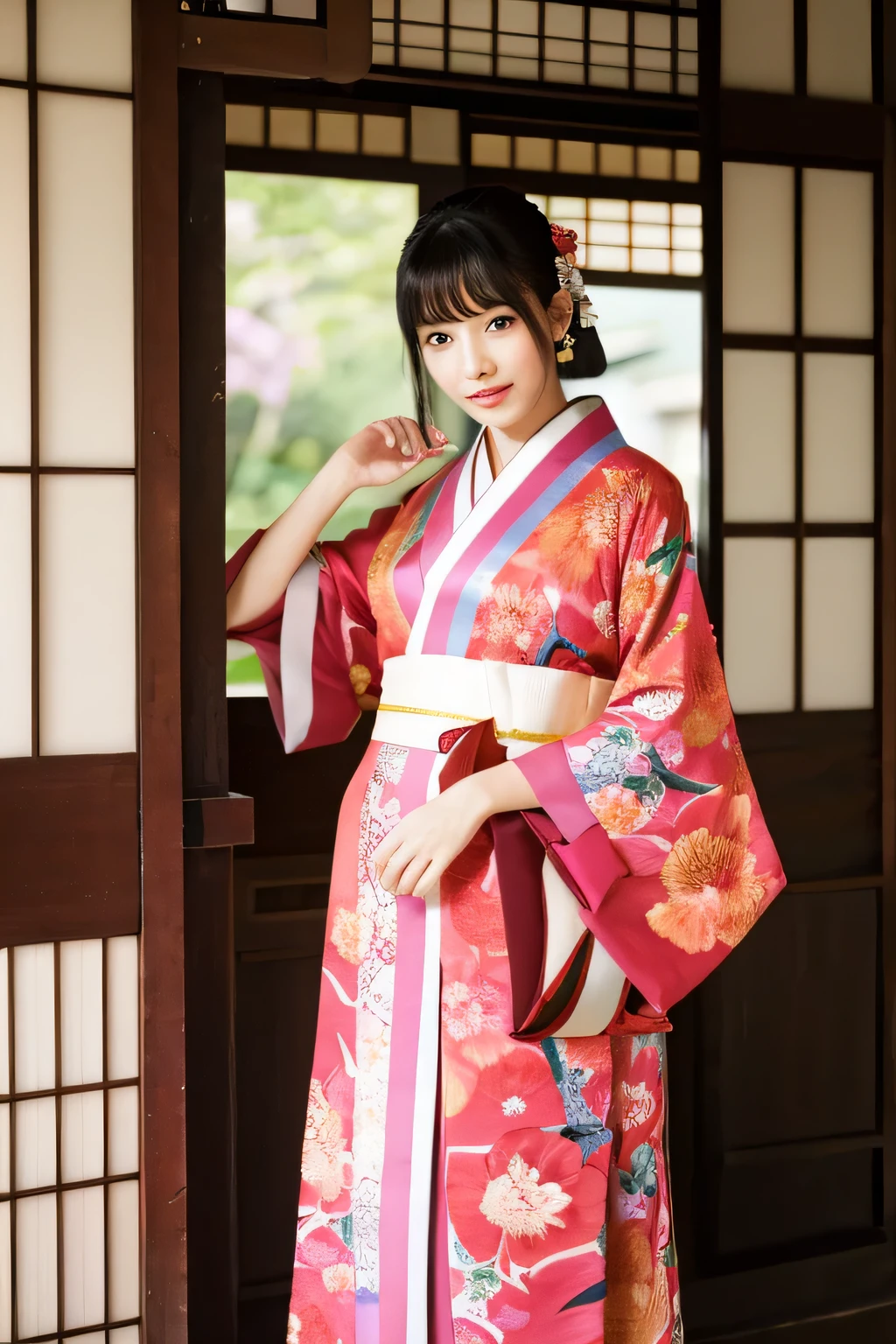 Half Japanese and Filipino Kimono with camellia pattern, embroidered collar, pose slightly askew