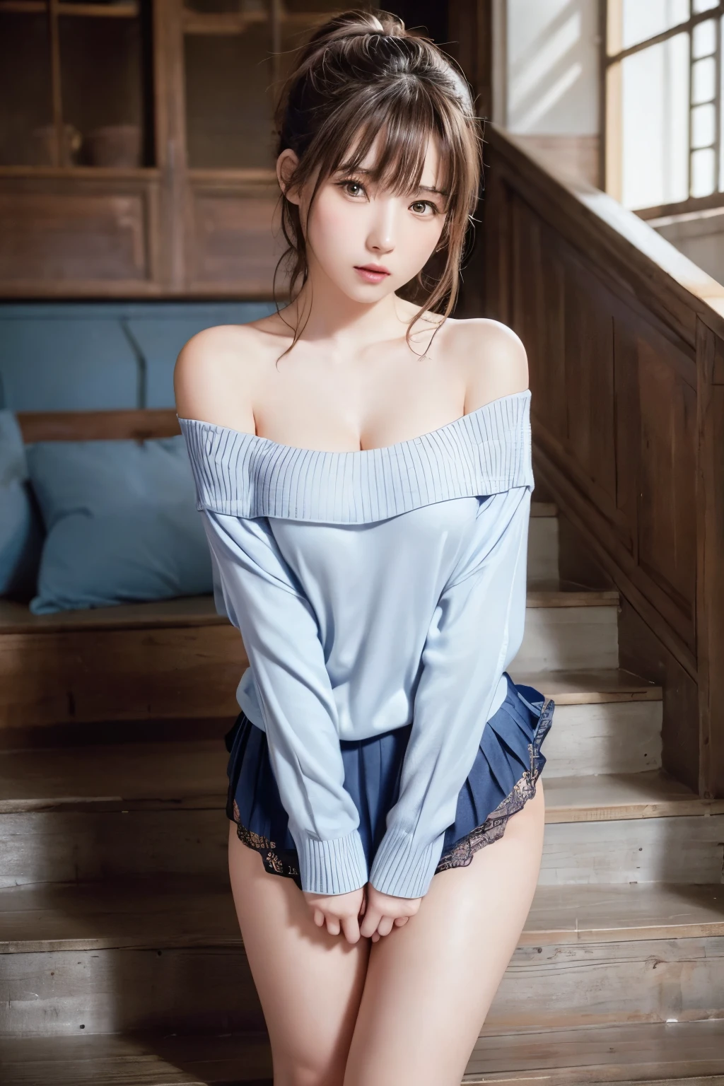 ​masterpiece、Raw photography、top-quality、超A high resolution、Wallpapers in 8K、a hyperrealistic schoolgirl、Women in Japan、18year old、a baby face、Lifelike face、Realistic human skin、Realistic lips、Erotic lips、glowy skin、 a sailor suit、serafuku、Dark blue pleated skirt、Full body style、beauty legs、乃木坂アイドル、Korean Idol、laying on back、Naughty posture