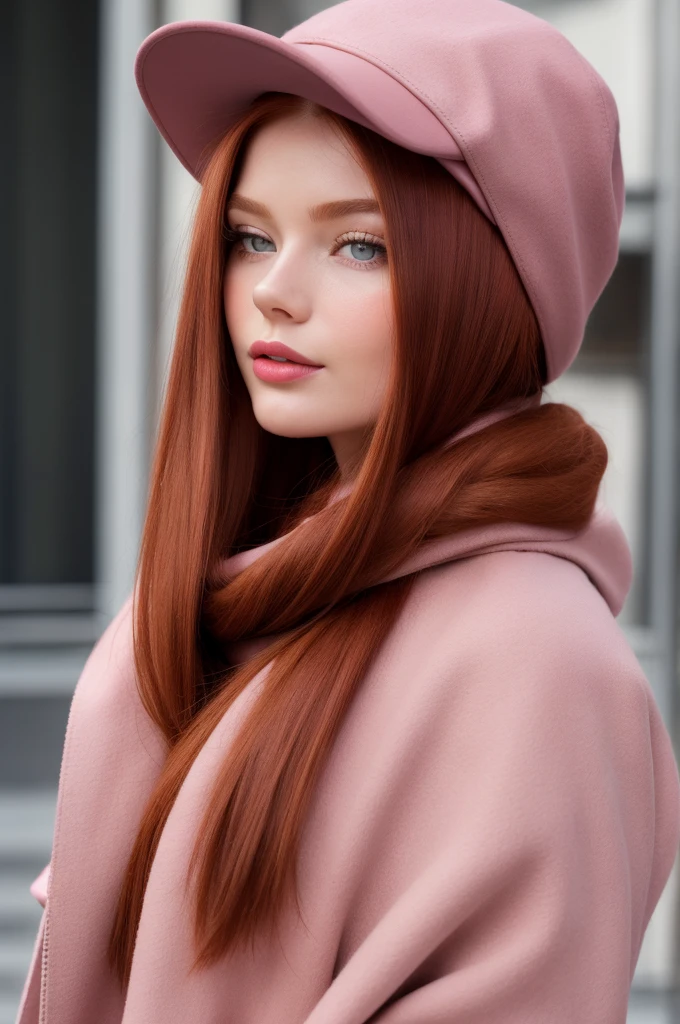 [Picture taken from back] A close-up portrait of a gorgeous, beautiful, elegant russian woman wearing a stylish urban outfit: a burgundy leather jacket, newsboy cap and pink scarf she carries a big leather backpack. A redhead woman from Russia, delicate red lips, pastel pink skin tone, wearing a pale pink scarf, and tricolor sweater, soft flawless pale skin, classy redhead woman, a majestic lady, dream beauty, ethereal beauty, angelical face, delicate, sensitive, tender, femenine and strong woman. She's making a photo book on a square, posing for camera.