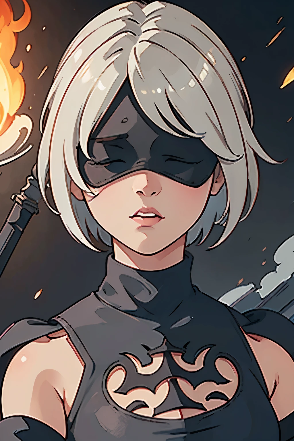 close up, high detail, masterpiece, 4k wallpaer, poster, cinematic framing and lighting, n_2b with blindfold, 2b from nier automate, staring at the sky holding a long sword, dramatic pose, ruined background with smoke and embers