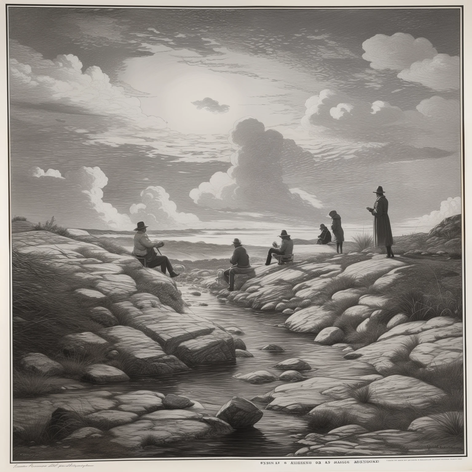 un peinture groupe de personnes assises sur un sol couvert de nuages