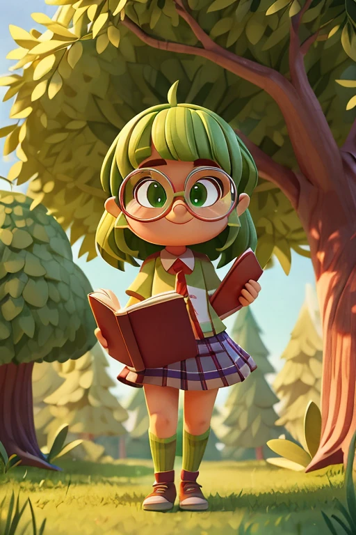 Blind box IP three views，Tree Man Image，little girl in a skirt，Green eyes，Green Hair，wearing glasses，Holding a book in his hand，Full body·，（3D），（Pixar style），（three view perspective），（HD），（cute）