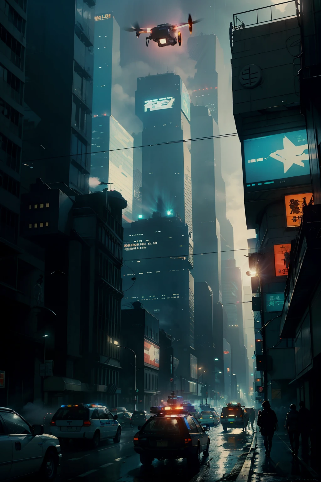 ((highest quality)), ((masterpiece)), (be familiar with), (High definition), (Accurate), (Realistic), (Cinematic), (Best Shadow), (Low contrast), (8K), Perfect Face, ((SYD MEAD style)), manga、mangaデザイン、Storyboard、Frame division、(A large advertising drone flying in the sky:1.2)、((Police are searching for a woman:1.2))、(Scramble crossing), Police Vehicles、(2Drone is flying)、The car is jammed、congestion, congestion, Decadent Future City, NEO TOKYO, A.D.2051, (steam:1.2), It's raining white, evening,