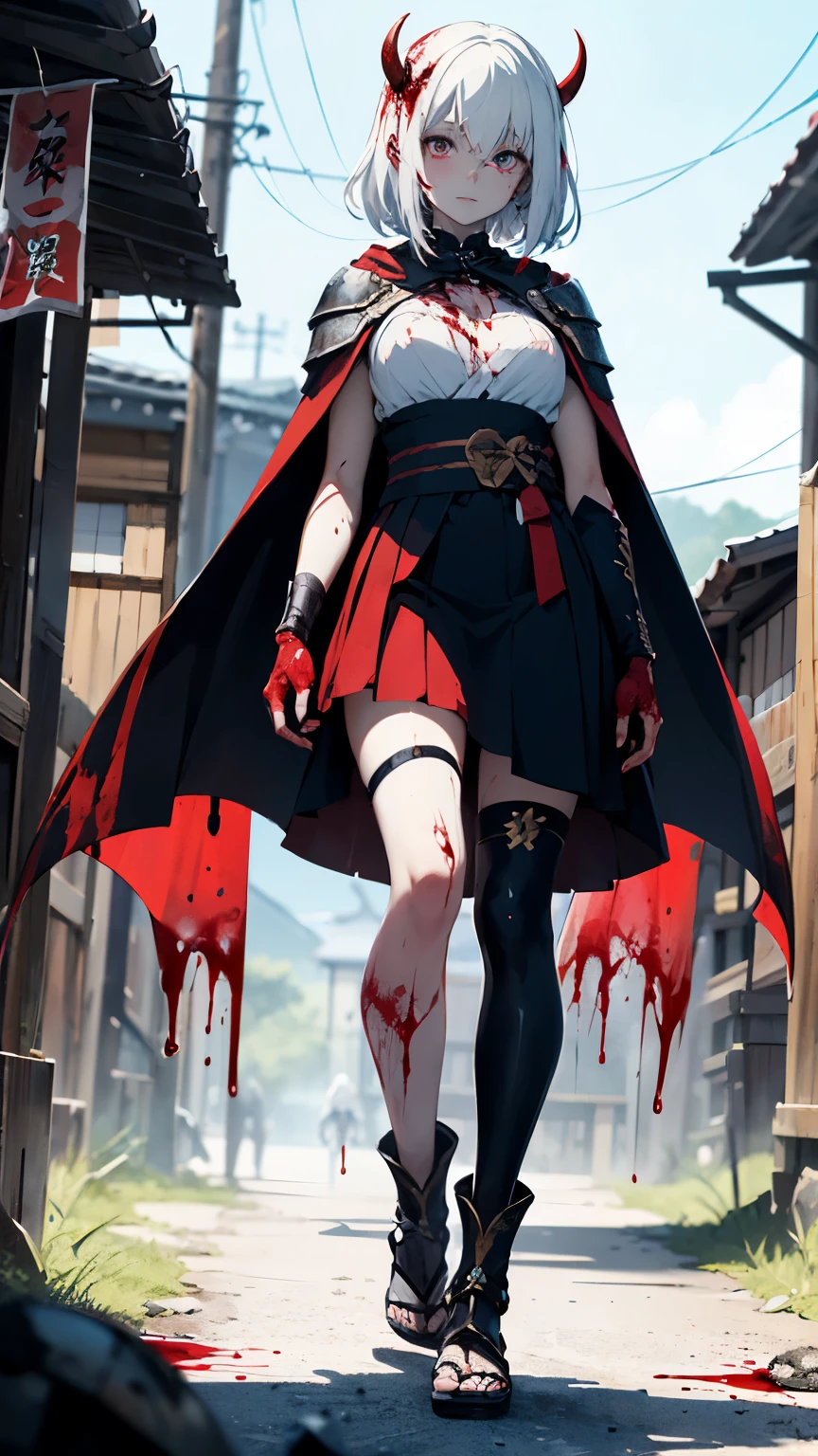 ((best quality)), ((masterpiece)), (detailed)
1 girl half demon half human
white hair and pale skin
covered in blood soaked and dripping from her clothes
full body look from up to down
armor in red and black colours plated skirt
legs and arms without protection
Cape over shoulders covering arms
aura of blood surrounding her
sword in her holdster on right side
in her hands she don't hold anything
standing pose
covered in blood
clear blue sky over a small ancient Japanese town
standing in blood