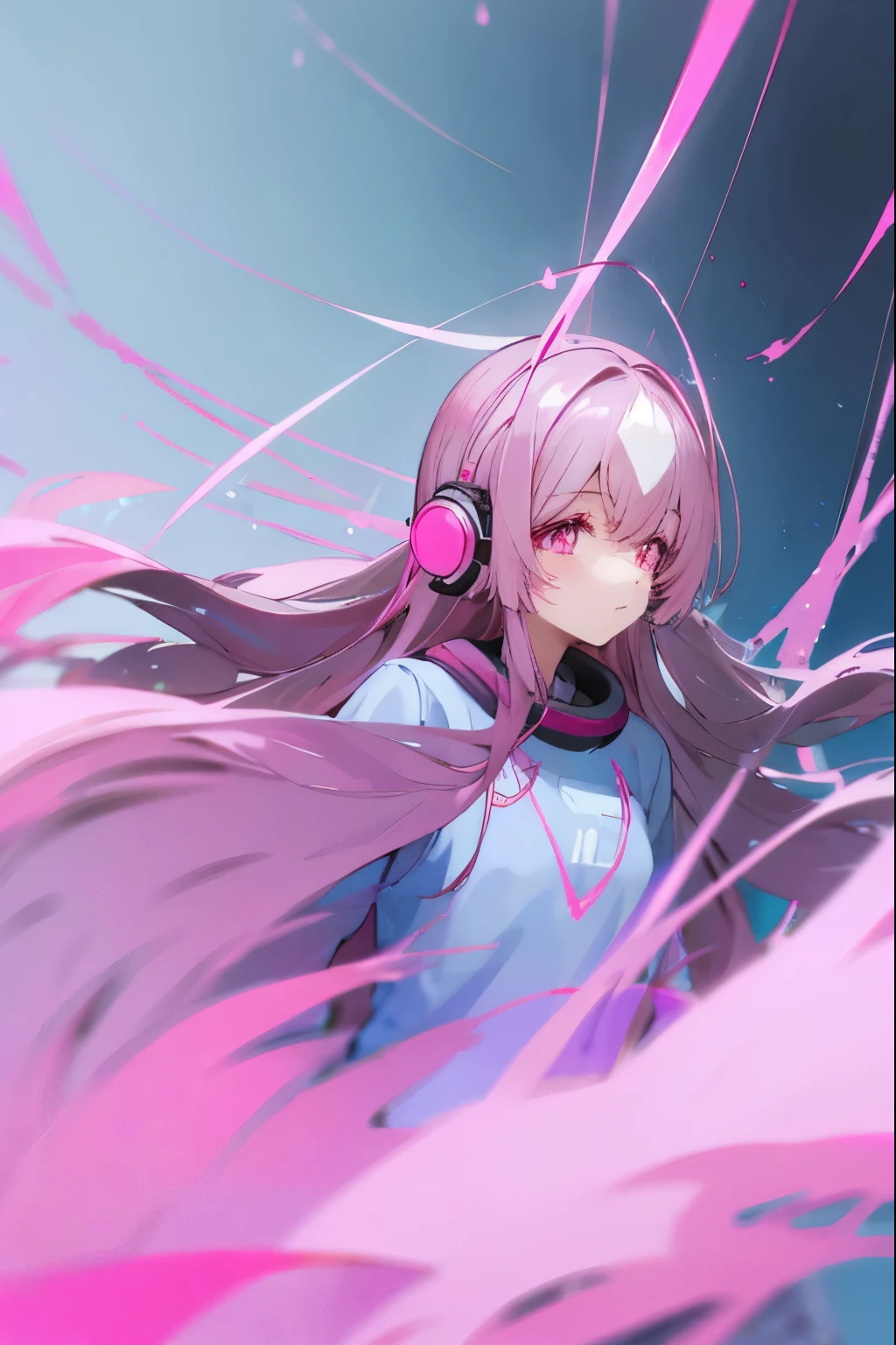 Light blue long hair，pink and white sweatshirt，Pink Eyes，Black headphones，　　White and pink room