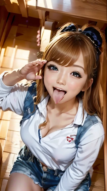 Japanese women, beautiful girl, Gal,Blonde、 Baby Face, Realistic skin of the highest quality, Eyes are focused, 20-year-old, Sticking out tongue, Focus on the mouth, Open your mouth, Long Tongue, saliva, Open your mouth , You can see inside the mouth, Open your mouth  舌を突き出す, realistic tongue