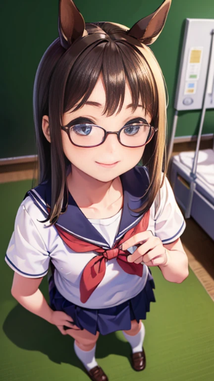 ((masterpiece)),((highest quality)),((Anatomical)),((Realistic)),((Detailed Description)),((cute)),((((Health Room)))),(((One Horse Girl))),(((Beautiful eyes))),(((Baby Face))),(((Petite))),((Bewitching Smile)),(((school uniform))),(((Glasses))),Full body view,