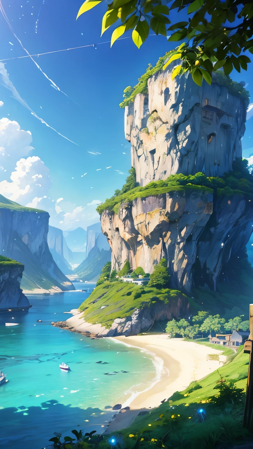 anime - style image of a beach with a boat and a village, anime scenery concept art, ross tran. scenic background, fishing village, high detailed official artwork, background art, renaissance port city background, detailed key anime art, official art, 8k high quality detailed art, sea of thieves style, anime background art, fishing town, concept art highly detailed ,(glowing fireflies and butterfiles )(greenery view)(bright blue shinning sky)(night view)(borkeh effect)(far view)