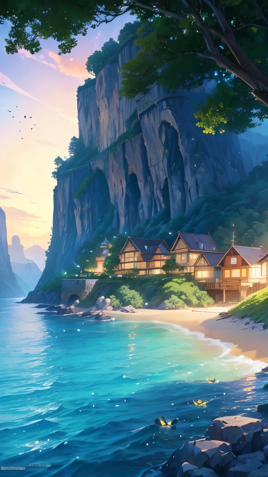 anime - style image of a beach with a boat and a village, anime scenery concept art, ross tran. scenic background, fishing village, high detailed official artwork, background art, renaissance port city background, detailed key anime art, official art, 8k high quality detailed art, sea of thieves style, anime background art, fishing town, concept art highly detailed ,(glowing fireflies and butterfiles )(greenery view)(bright blue shinning sky)(night view)(borkeh effect)(far view)