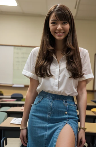 masterpiece, highest quality, High resolution, in front_Misaki, Wicked Smile, Wicked Smile, Long Hair, Two-tone shirt, Denim skirt, Long skirt, Side slits, classroom