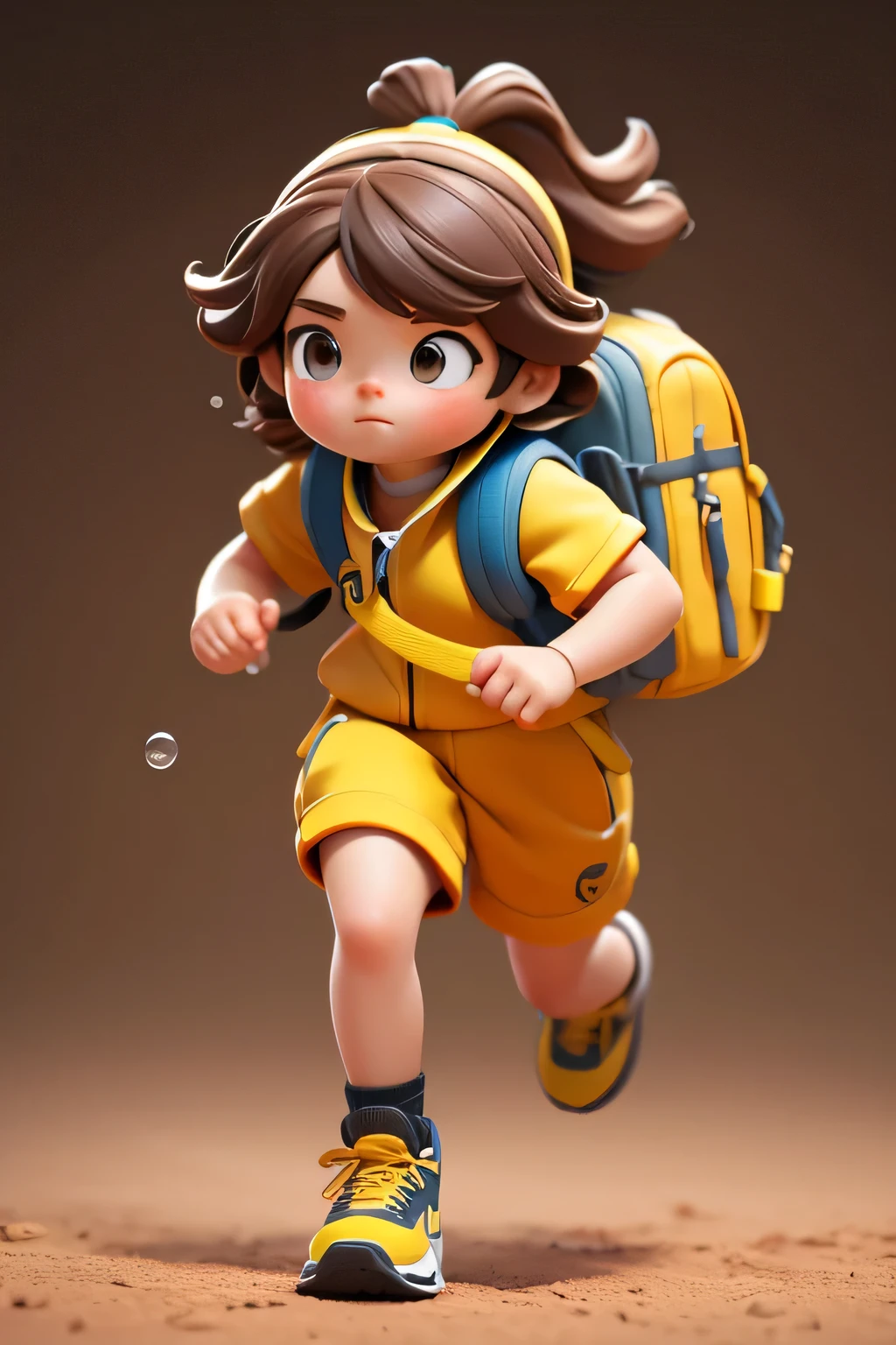 A young girl running, with a camera slung around her neck.Brown hair, wearing a yellow sports suit, carrying a backpack,Blank background ,detailed depiction,bubble matte style, clay material, harmonious color tones, strong depth, 3D, C4D,, simple background, blender, High quality, high resolution, 32k, 9:16 --s 180 --niji 6