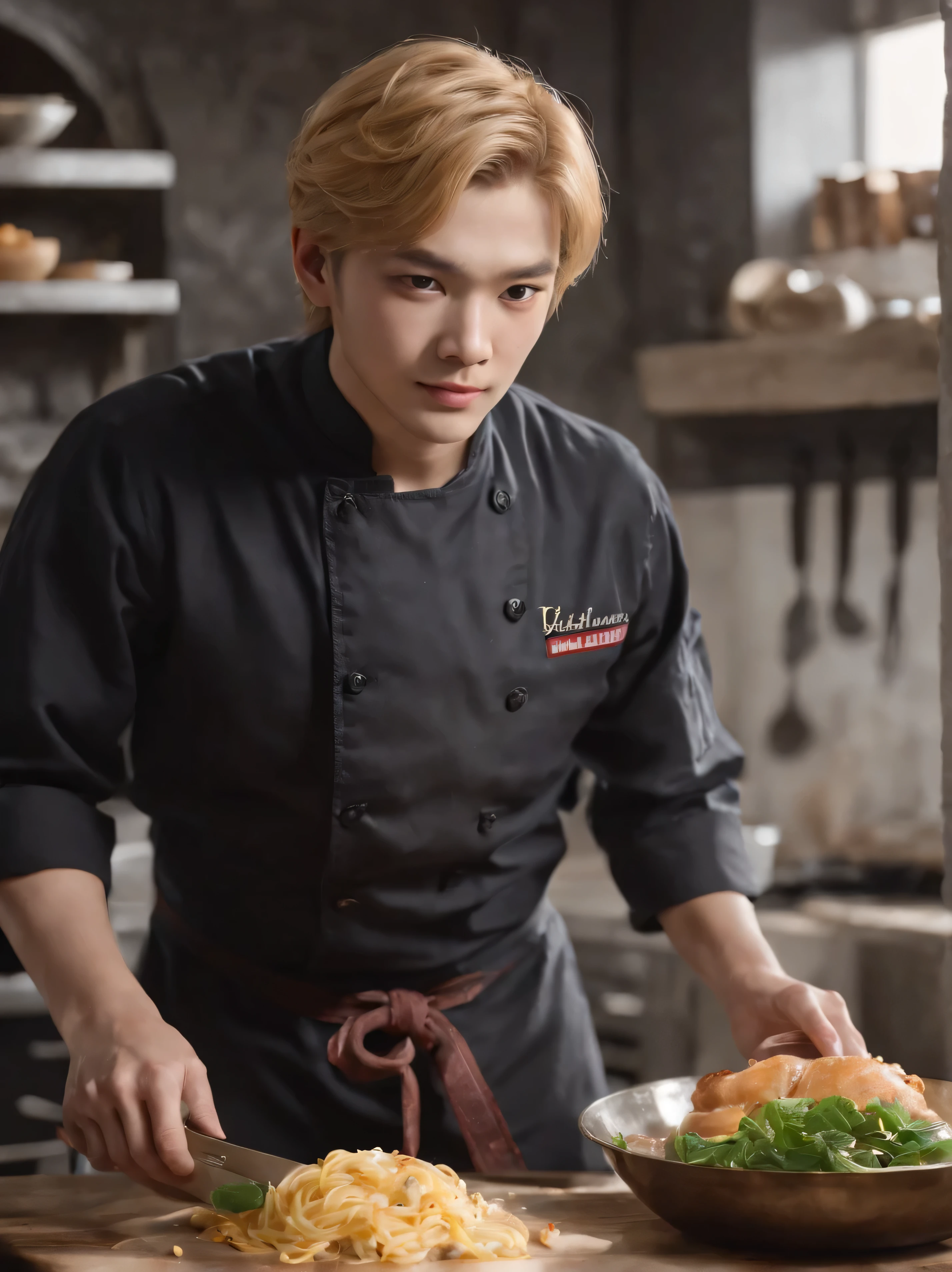Extremely delicate and beautiful, amazing, ,ultra realistic, ultra detail, masterpiece, Ultra-detailed, hight resolution, Best Shadow, Convoluted, Sharp Focus, High quality, 1 korean young male , Solo, yellow hair, hair over left eyes, Red Eyes, Cave Genshin Impact, kitchen, kitchen accessories, chef , Man Looking at viewer, knives everywhere, chef clothes:1.8