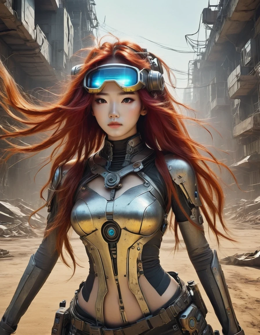 Post-apocalyptic wasteland，（A very beautiful and powerful heroine in the doomsday world），Mecha Clothing，Extra long red hair，Beautiful Asian face，, mechanical, Glass mask passes light through, Delicate skin texture, Determined gaze，It&#39;s the scorching sun and strong wind，Yellow sand rolling，The broken eaves and broken walls are everywhere, and the scene is desolate.，Sunset background、Colorful light、Multiple colors、Mid-shot、side view、C4D、Futurism、Sci-fi style、8K、Cyberpunk、Complex lines、Extreme details，Exaggeration in appearance，Can make enemies feel fear。Many items are basically worn out.，Rust，The form of splicing，Add splash graffiti to create the environment of a wasteland world。Elements such as neon lights will often appear in Post-apocalyptic wasteland。The most important point is that the wasteland world is a world after the collapse of technological civilization.，Productivity setbacks，Material resources are extremely scarce，And scarcity is the essence of the world，The inequality of supply and demand gives things value。