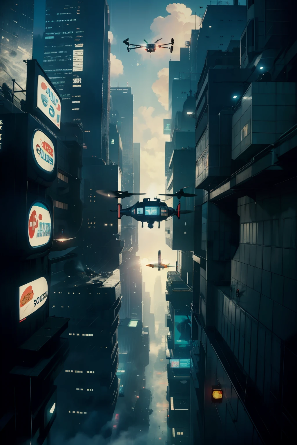 ((highest quality)), ((masterpiece)), (be familiar with), (High definition), (Accurate), (Realistic), (Cinematic), (Best Shadow), (Low contrast), (8K), Perfect Face, ((SYD MEAD style)), manga、mangaデザイン、Storyboard、Frame division、(A large advertising drone flying in the sky:1.2)、((Police are searching for a woman:1.2))、(Scramble crossing), Police Vehicles、(2Drone is flying)、The car is jammed、congestion, congestion, Decadent Future City, NEO TOKYO, A.D.2051, (steam:1.2), It's raining white, evening, 