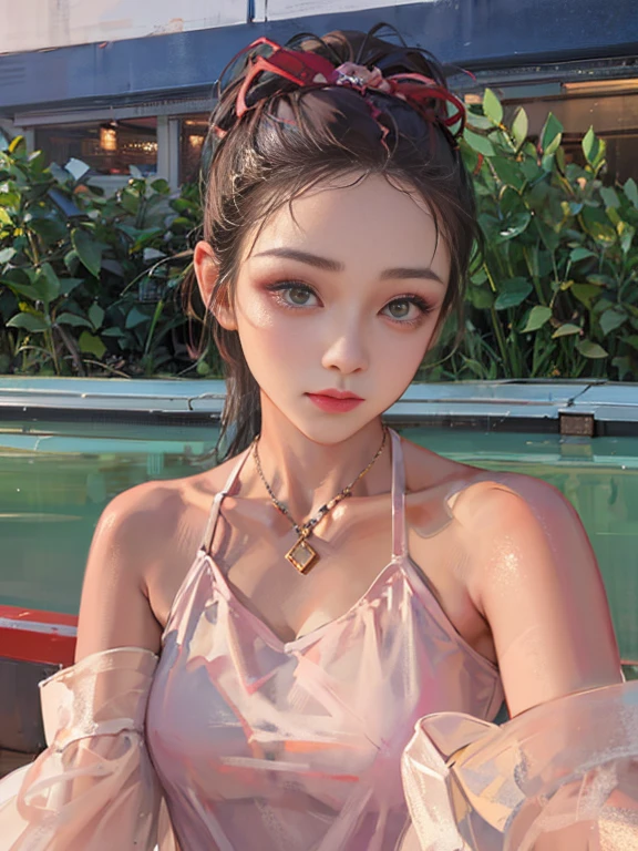 A lady, Dilraba Dilmurat, 19-year-old girl, , A lovely young woman, Young cute girl, yanjun chengt, Beautiful Chinese model, Pink slip dress,big eyes,Beautiful makeup,Ponytail,Second Dimension,Cartoon。