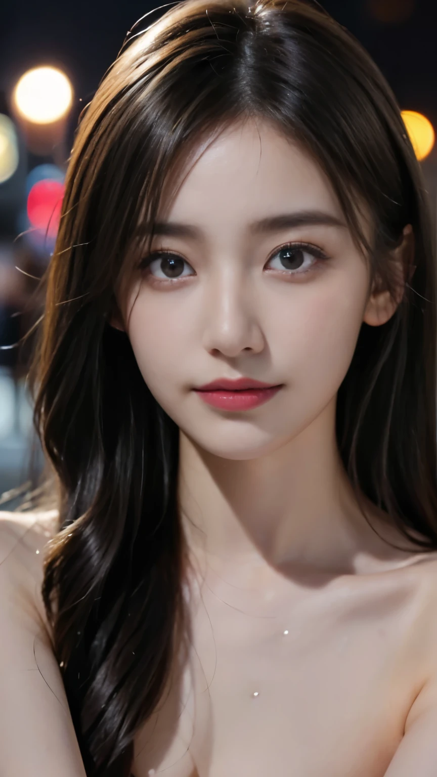 Tabletop、highest quality、8K、Age 25、、RAW Photos、Disorganized、Award-winning portraits、one person、night、neon、Idol's face、violet、Gardenia、Delicate girl、Upper Body、Digital SLR、view audience、Frank、Sophisticated、Zola々correct、smile、Thin arms、Professional Lighting、Film Grain、chromatic aberration、(Eye and facial details:1.0)、(Bokeh:1.1)、、(NSFW:1.5)