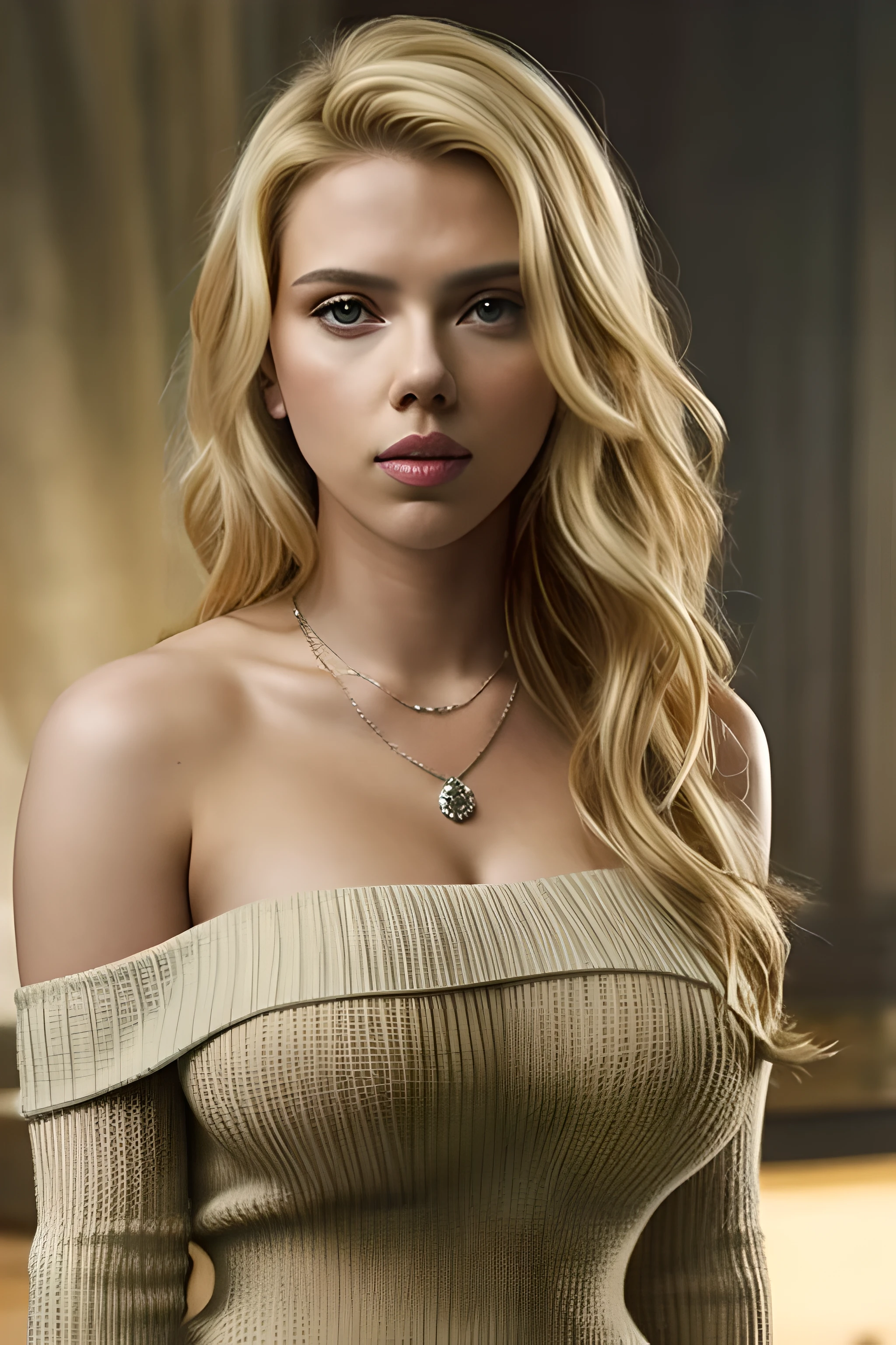 Scarlett Johansson in, Solo, Long hair, Colossal tits, Looking at Viewer, blondehair, Bare shoulders, Brown eyes, jewely, Full body, a necklace, off shoulders, Sweaters, Realistic, A sexy