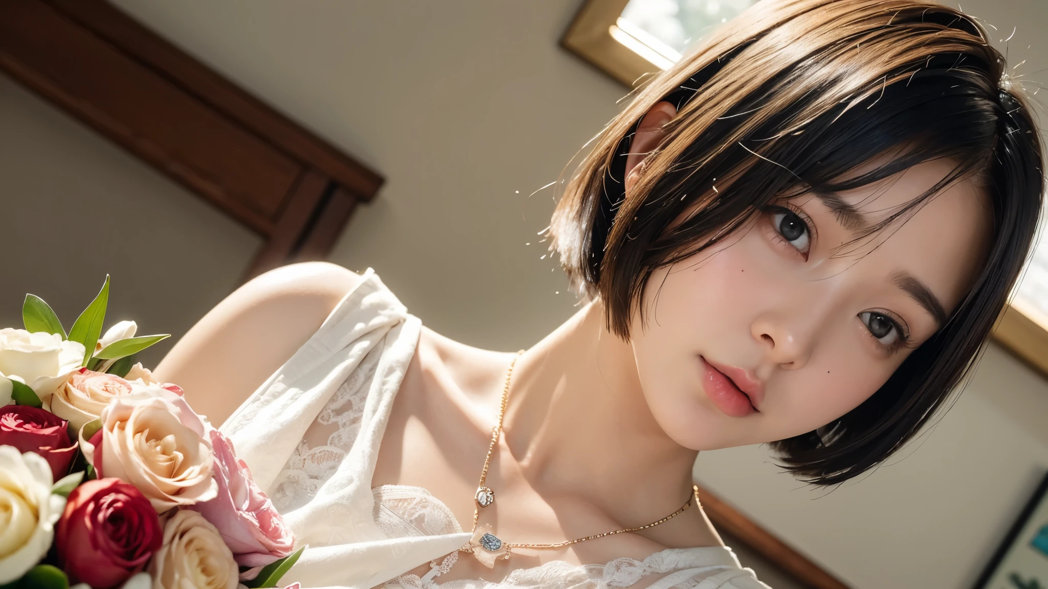 ((top-quality、masterpiece))、Raw photography、8K、top-quality、 超A high resolution、Beautiful face in every detail、Realistic human skin、Gentle expression、front-facing view、Farbe々From an angle、(Bob Hair:1.5)、realisitic、Photorealsitic、cute little、chies、Flower bouquet、White Dress、a necklace、bangss、
