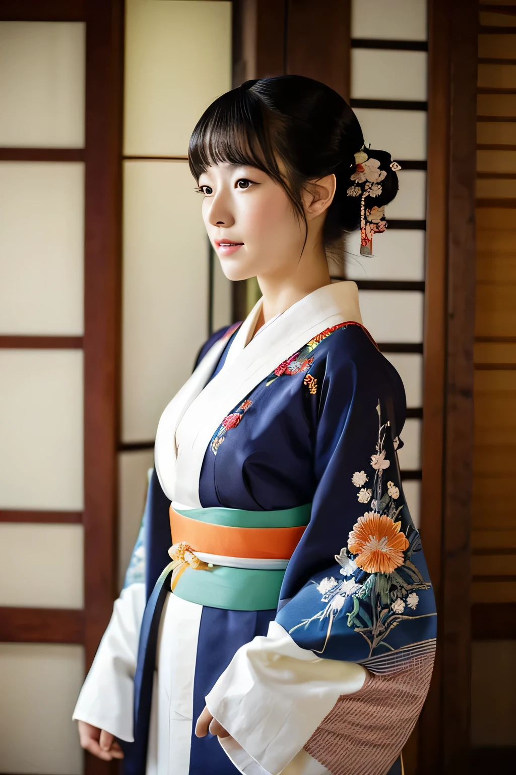 A woman in a kimono, almost from the front, Japanese, 20 years old Embroidered on the collar antique kimono