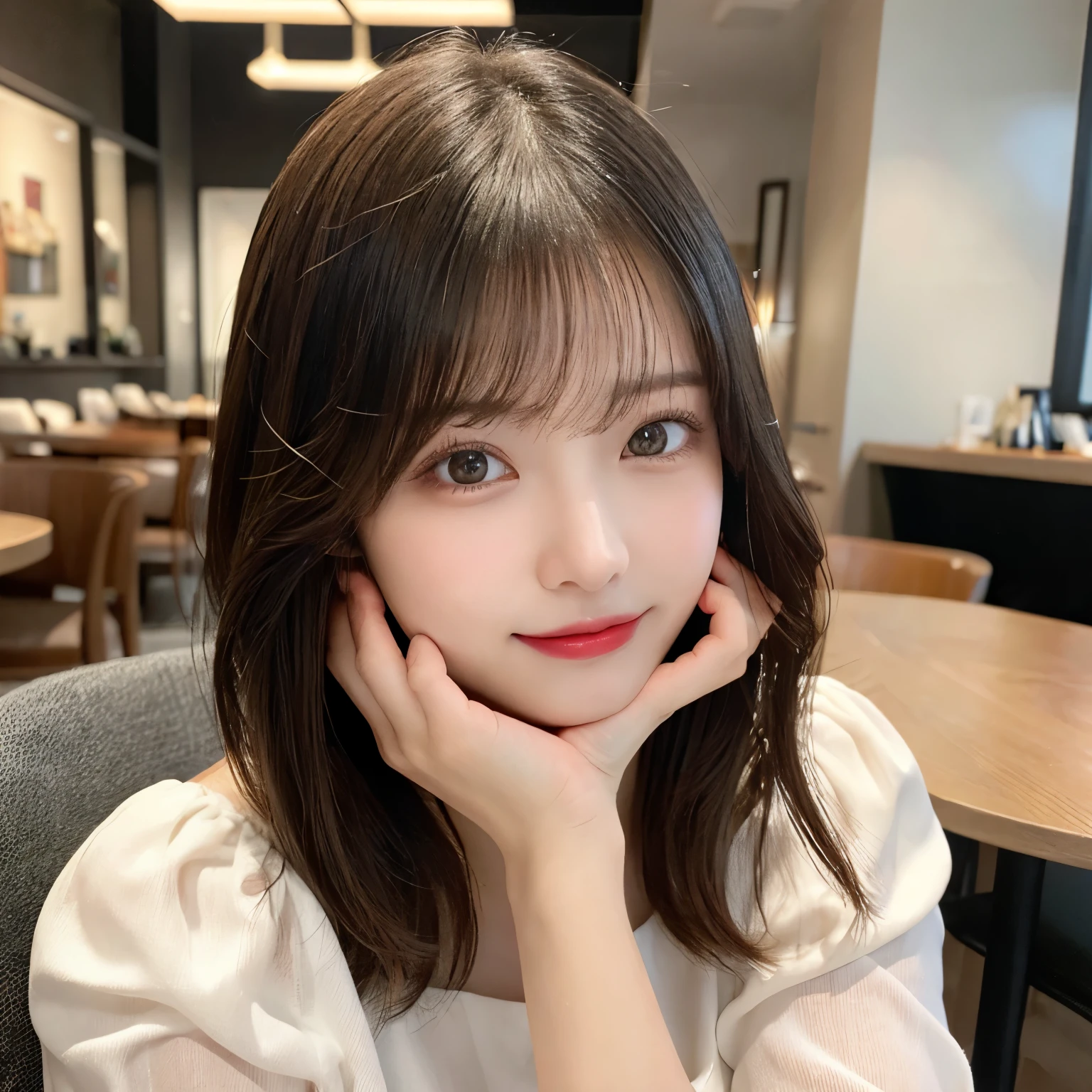 Tabletop, highest quality, shape, Very detailed, finely, High resolution, 8k wallpaper, 完璧なダイナミックな構shape, Beautiful and detailed, White designer blouse,Medium Hair, Natural color lip,,smile,Big cities、20-year-old girl、、美しくDetailed face、Perfect and beautiful face,Big eyes、RAW Photos、Elegant posture、Express your best emotions with your whole body、Beautiful and detailed、Small face、Beautiful Duplex、Slim face and figure、 (Get closer to the face, Make your face bigger, Face Focus:1.0), break, (masterpiece, highest quality, Very detailed, Detailed face, 8k)、Actual Photos、Perfect and beautiful face、背景をぼかすTabletop, highest quality, shape, Very detailed, finely, High resolution, 8k wallpaper, 完璧なダイナミックな構shape, 、Actual Photos、Perfect and beautiful face、Cafe、Sitting in a chair and staring at the computer