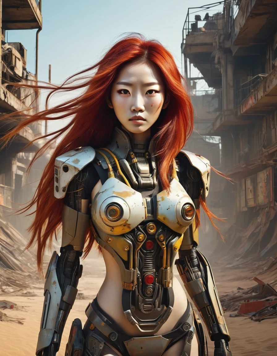 Post-apocalyptic wasteland，（A very beautiful and powerful heroine in the doomsday world），Mecha Clothing，Extra long red hair，Beautiful Asian face，, mechanical, Glass mask passes light through, Delicate skin texture, Determined gaze，It&#39;s the scorching sun and strong wind，Yellow sand rolling，The broken eaves and broken walls are everywhere, and the scene is desolate.，Sunset background、Colorful light、Multiple colors、Mid-shot、side view、C4D、Futurism、Sci-fi style、8K、Cyberpunk、Complex lines、Extreme details，Exaggeration in appearance，Can make enemies feel fear。Many items are basically worn out.，Rust，The form of splicing，Add splash graffiti to create the environment of a wasteland world。Elements such as neon lights will often appear in Post-apocalyptic wasteland。The most important point is that the wasteland world is a world after the collapse of technological civilization.，Productivity setbacks，Material resources are extremely scarce，And scarcity is the essence of the world，The inequality of supply and demand gives things value。