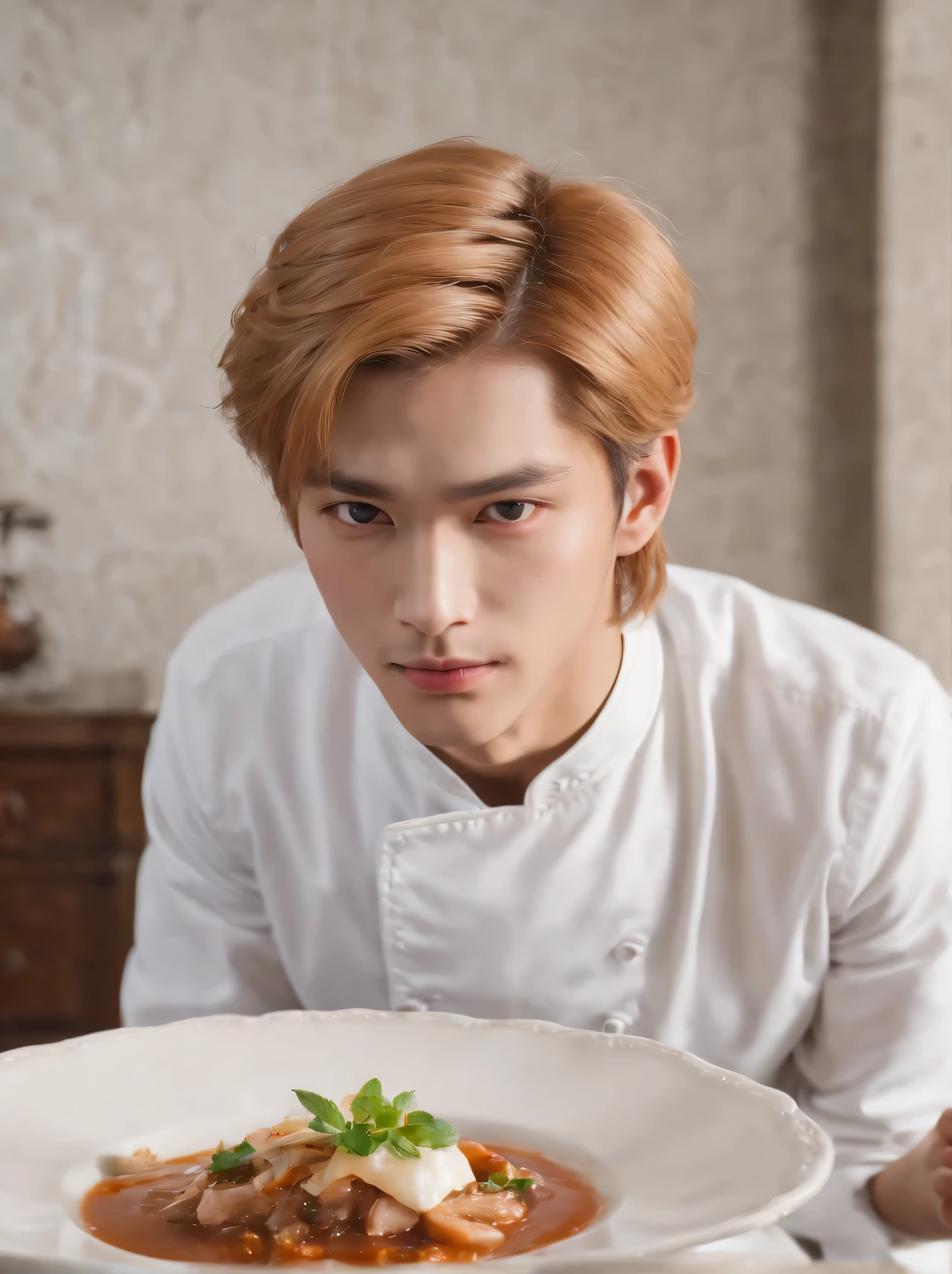 Extremely delicate and beautiful, amazing, ,ultra realistic, ultra detail, masterpiece, Ultra-detailed, high resolution, Best Shadow, Convoluted, Sharp Focus, High quality, 1 Korean young male , Solo, yellow hair, hair over left eyes, Red Eyes, Cave Genshin Impact, kitchen, chef , Man Looking at viewer, knives everywhere, formal clothes:1.8, serving dish, hotel background
