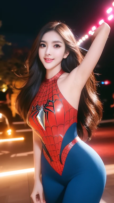 (masterpiece, best quality:1.2), 1girl, solo Beautiful woman,detailed,defined body,spider man cosplay,small breasts,beautiful detailed eyes,beautiful detailed lips,extremely detailed eyes and face,longeyelashes,(best quality,4k,8k,highres,masterpiece:1.2),ultra-detailed,(realistic,photorealistic,photo-realistic:1.37),vivid colors,HDR,studio lighting,physically-based rendering,extreme detail description,professional,portraits,spiderman costume,shiny texture,fitting tightly,subtle muscles,feminine figure,confident expression,sharp focus,luxurious long hair,striking beauty,attention-grabbing appearance,perfect makeup,tiny waist,stylish pose,playful attitude,breathtaking background,lively atmosphere,cityscape view,web-like patterns,superhero-inspired composition,bold contrast,emphasis on curves,expressive eyes,subtle smile,luminous glow,graceful movements,artistic interpretation,colorful palette,exquisite persona,impressive realism,aesthetic excellence,artistic flair.