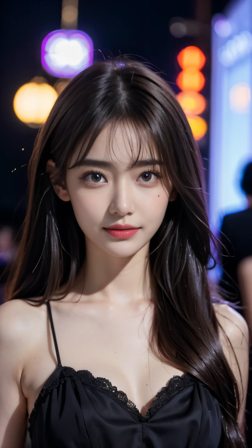 Tabletop、highest quality、8K、Age 25、Teen、RAW Photos、Disorganized、Award-winning portraits、one person、night、neon、Idol's face、violet、Gardenia、Delicate girl、Upper Body、Digital SLR、view audience、Frank、Sophisticated、Zola々correct、smile、Thin arms、Professional Lighting、Film Grain、chromatic aberration、(Eye and facial details:1.0)、(Bokeh:1.1)、