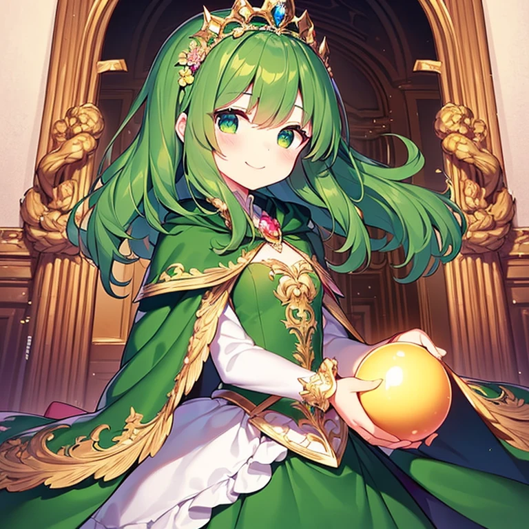 (kawaii),(best quality),(ultra detailed), upper body,(rococo style),(long train green cape:1.15), very long cape,(long train green ball gown with flower decorations:1.1), a girl is wearing a cape over her gown, 1 little princess, tiara, smile, small breasts, very long hair