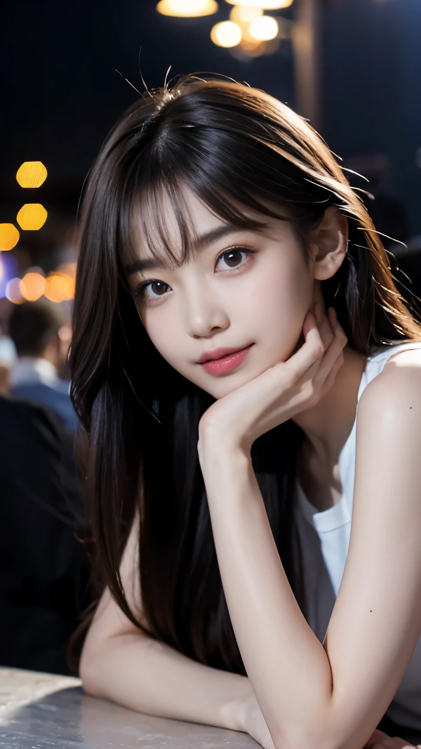 Tabletop、highest quality、8K、Age 25、Teen、RAW Photos、Disorganized、Award-winning portraits、one person、night、neon、Idol's face、violet、Gardenia、Delicate girl、Upper Body、Digital SLR、view audience、Frank、Sophisticated、Zola々correct、smile、Thin arms、Professional Lighting、Film Grain、chromatic aberration、(Eye and facial details:1.0)、(Bokeh:1.1)、