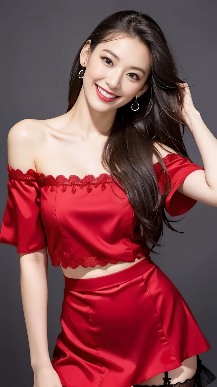 Realistic, High resolution, 1 female, alone, hips high, Show Viewer, (Detailed face), Gray Hair, Long Hair, Red maid outfit, Jewelry store、）((Off the shoulder)）、（((Roll up your skirt))）、）（(Roll up your skirt)）（（Visible black lace panties））,((smile))