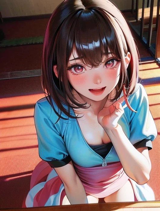 masterpiece, Super exquisite illustrations, best quality, light particles, Super detailed, 8k wallpaper, (Vibrant colors:1.2), (girl), look back,smile shyly,blush, smile shyly, Gaze affectionately,Medium breasts, Black Hair, messy hair, Medium Length Hair,  shiny hair, Glowing skin, cute face, (pink tennis uniform), Bottomless, nipple, (Beautiful pink eyes, shining eyes), , blush cheeks, open mouth, (man:1.4), (man standing behind girl), (Intense sex:1.2), (Doggy Style:1.4), Standing puppy, heteromorphosis, (man hold girl's waist:1.4), (View,male perspective、Watch from above:1.4),(), national foundation, outdoor, tennis court, Sunlight, shadow,Depict the whole body