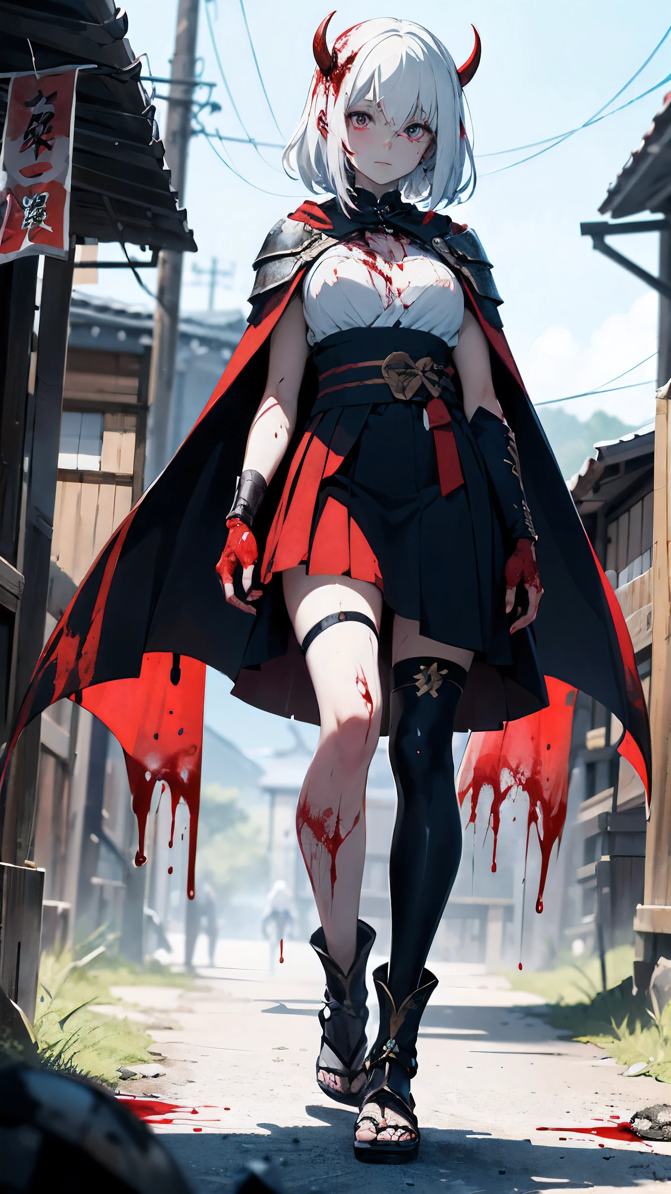 ((best quality)), ((masterpiece)), (detailed)
1 girl half demon half human 
white hair and pale skin 
covered in blood soaked and dripping from her clothes 
full body look from up to down 
armor in red and black colours  plated skirt 
legs and arms without protection 
Cape over shoulders covering arms 
aura of blood surrounding her 
sword in her holdster on right side 
in her hands she don't hold anything 
standing pose 
covered in blood 
clear blue sky over a small ancient Japanese town 
standing in blood 