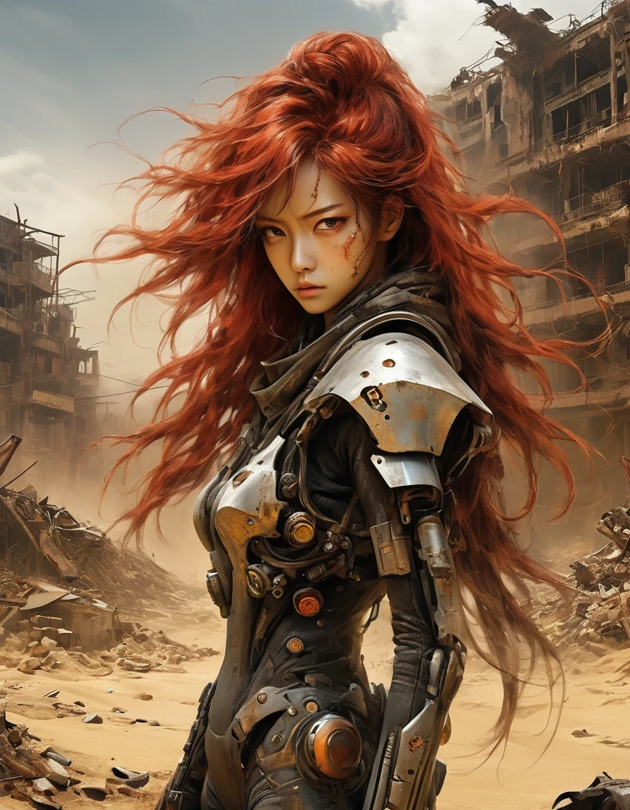 Post-apocalyptic wasteland，（A very beautiful and powerful heroine in the doomsday world），Mecha Clothing，Extra long red hair，Beautiful Asian face，, mechanical, Glass mask passes light through, Delicate skin texture, Determined gaze，It&#39;s the scorching sun and strong wind，Yellow sand rolling，The broken eaves and broken walls are everywhere, and the scene is desolate.。In a post-apocalyptic environment，Regardless of appearance or practicality，Everything is for survival，Exaggeration in appearance，Can make enemies feel fear。Many items are basically worn out.，Rust，The form of splicing，Add splash graffiti to create the environment of a wasteland world。Elements such as neon lights will often appear in Post-apocalyptic wasteland。The most important point is that the wasteland world is a world after the collapse of technological civilization.，Productivity setbacks，Material resources are extremely scarce，And scarcity is the essence of the world，The inequality of supply and demand gives things value。