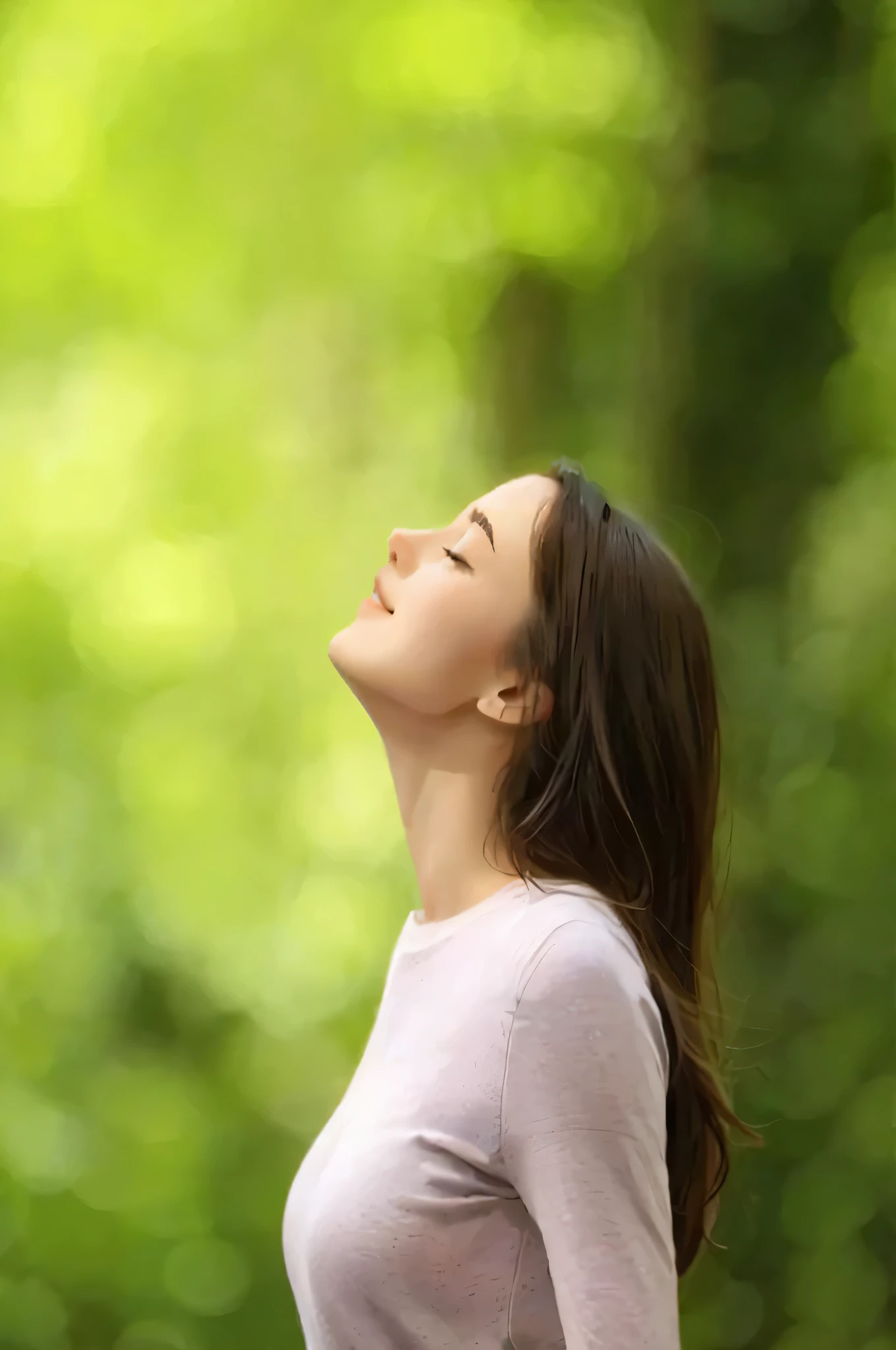 Woman standing in the forest and looking up at the sky, young woman looking up, focus on the neck, she is really happy, Breath, pixabay, pexel, inventory, Breath condensation, peaceful, hard Breath, inventory images, Shoulder front pose, peaceful face, In nature, inventory photos, feel nature