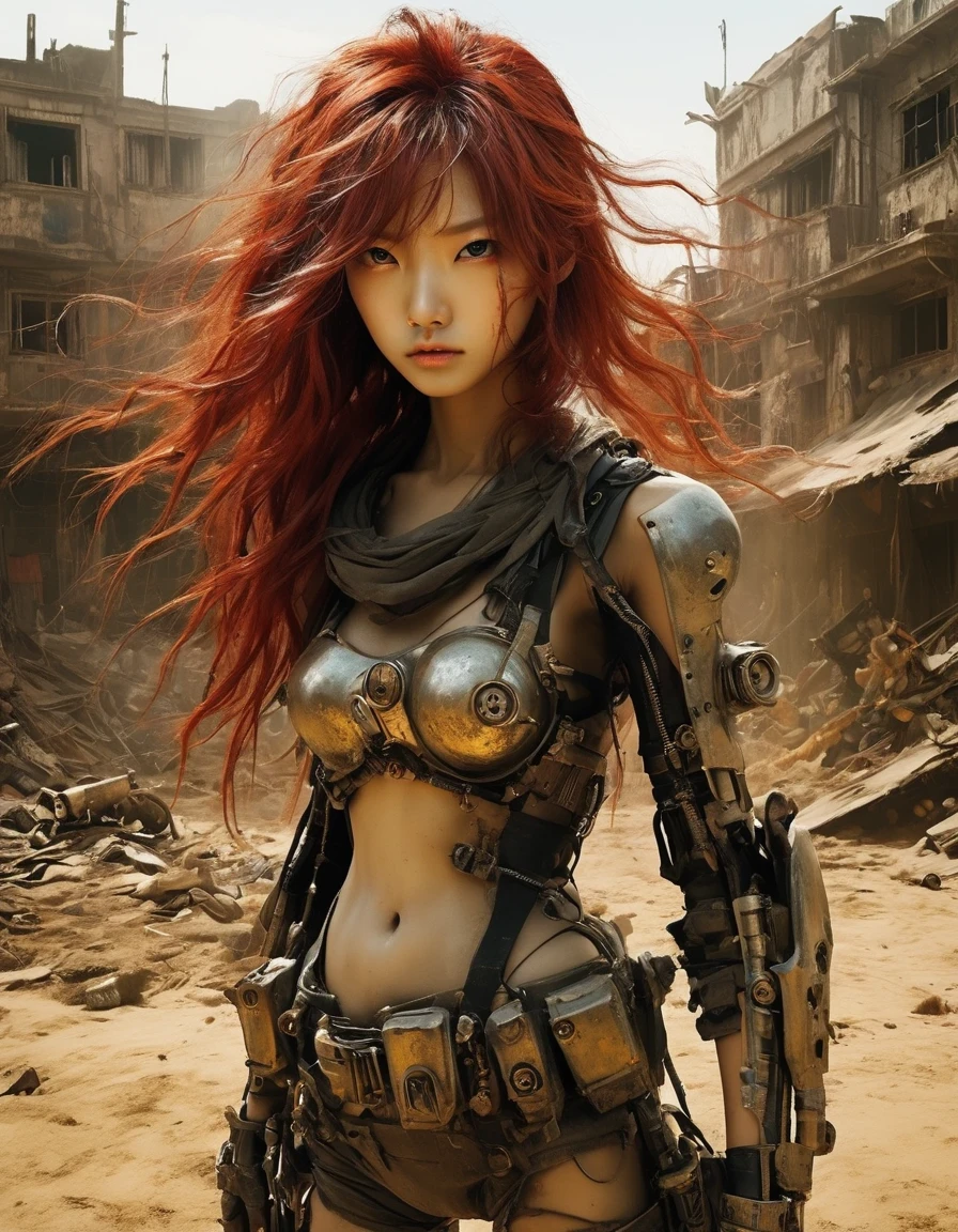 Post-apocalyptic wasteland，（A very beautiful and powerful heroine in the doomsday world），Mecha Clothing，Extra long red hair，Beautiful Asian face，, mechanical, Glass mask passes light through, Delicate skin texture, Determined gaze，It&#39;s the scorching sun and strong wind，Yellow sand rolling，The broken eaves and broken walls are everywhere, and the scene is desolate.。In a post-apocalyptic environment，Regardless of appearance or practicality，Everything is for survival，Exaggeration in appearance，Can make enemies feel fear。Many items are basically worn out.，Rust，The form of splicing，Add splash graffiti to create the environment of a wasteland world。Elements such as neon lights will often appear in Post-apocalyptic wasteland。The most important point is that the wasteland world is a world after the collapse of technological civilization.，Productivity setbacks，Material resources are extremely scarce，And scarcity is the essence of the world，The inequality of supply and demand gives things value。