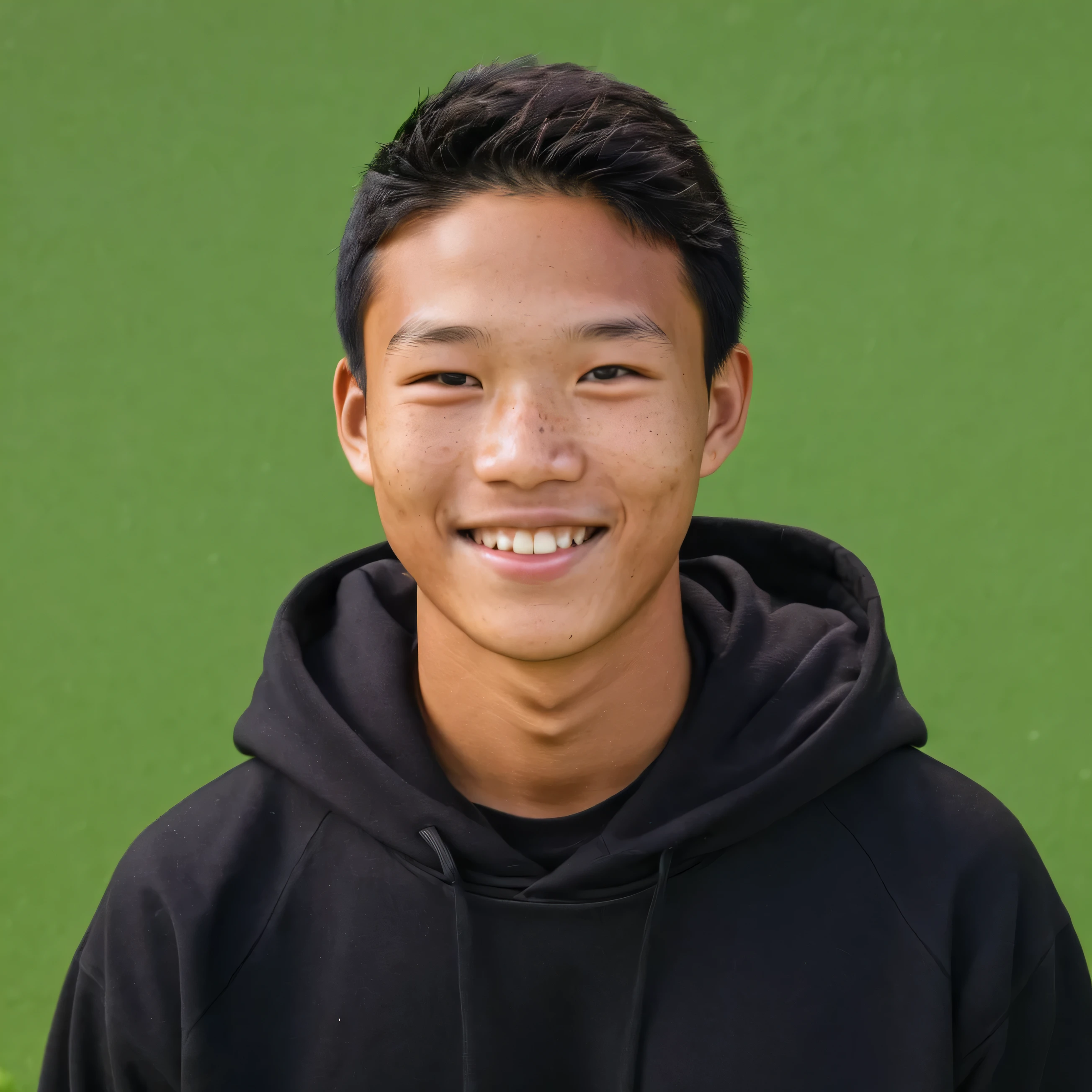 1boy, yearbook photo, green background, smiling, asian, black civilian clothes, black hoodie, ultraleastic, realistic, smiling, 8k, 4k, good lighting, daytime, freckles,