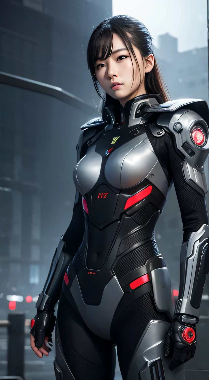 (RAW Photography:1.2)、(Photorealsitic:1.4)、(​masterpiece:1.3)、(top-quality:1.4)、Woman standing in front of a group of robots、beautiful android woman、Beautiful Female Soldier、girl in suit、complex futuristic combat uniform、beautiful young Japanese woman、Highly detailed facial and skin texture、A detailed eye、double eyelid、cute  face、(Short Bob:1.2)、(FULL BODYSHOT)、cowboy  shot、angry expressions、Storms and epic war scenes、cyberpunk scene、Night、illuminations、