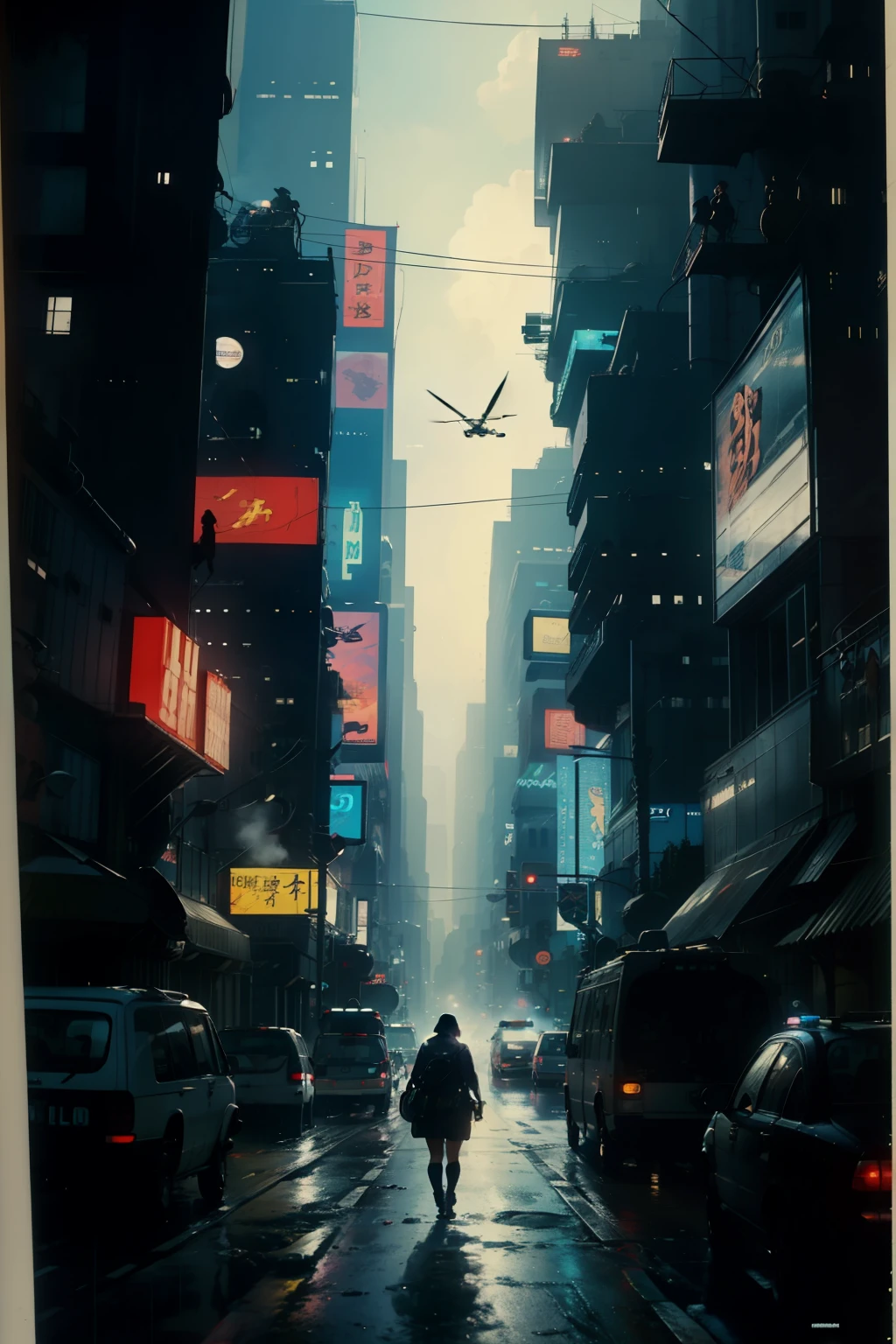 ((highest quality)), ((masterpiece)), (be familiar with), (High definition), (Accurate), (Realistic), (Cinematic), (Best Shadow), (Low contrast), (8K), Perfect Face, ((SYD MEAD style)), manga、mangaデザイン、Storyboard、Frame division、Police officers from the Metropolitan Police Department、((Police are searching for a woman:1.2))、(Scramble crossing), Police Vehicles、(Drones fly overhead.)、The car is jammed、congestion, congestion, Decadent Future City, NEO TOKYO, A.D.2051, (steam:1.2), It's raining white, evening,